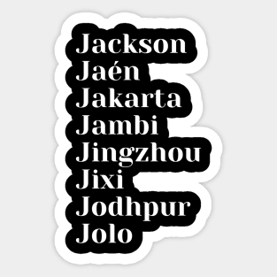 Cities starting with the letter, J, Mug, Mask, Pin, Notebook Sticker